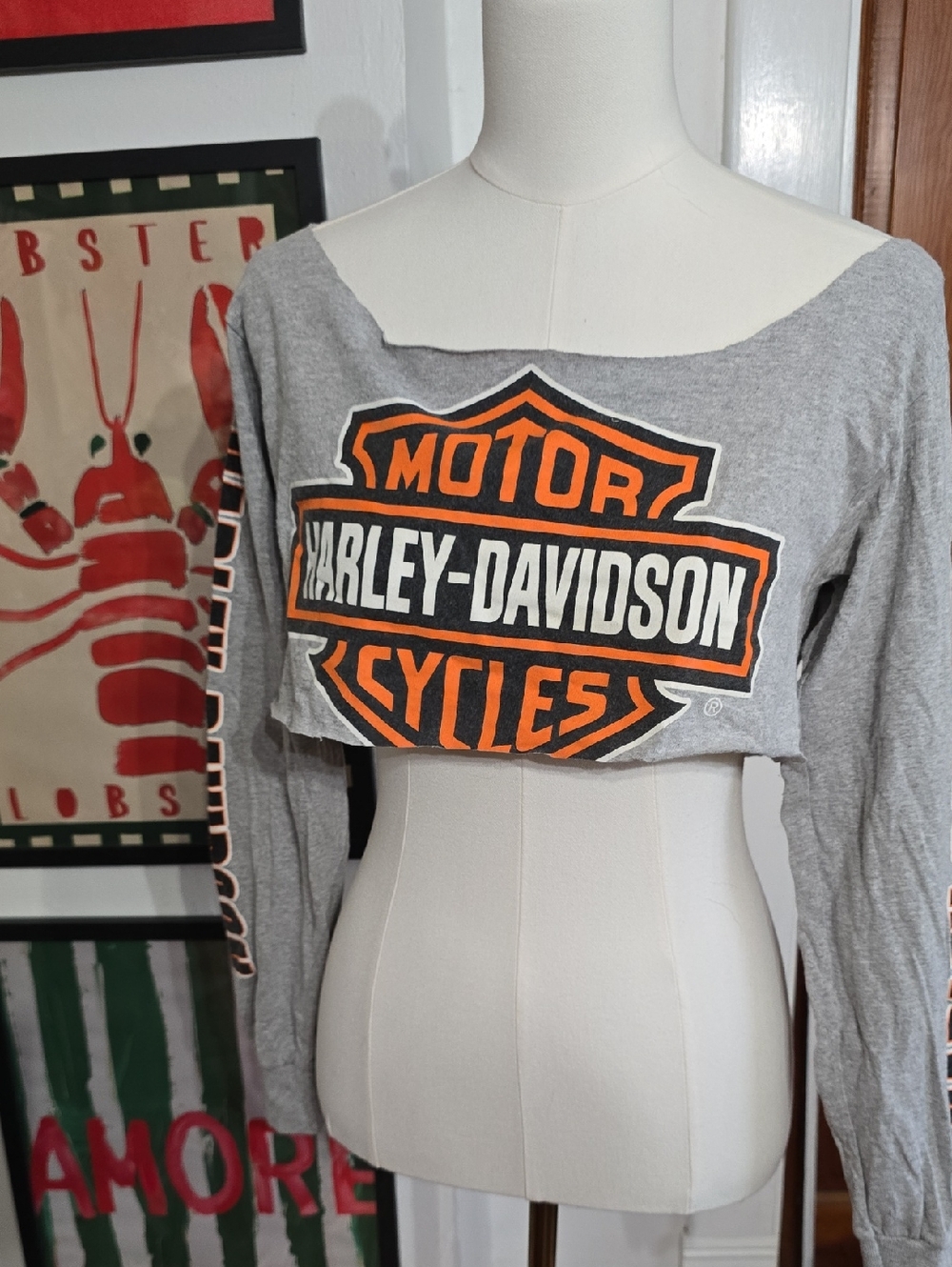 Harley-Davidson Gray Crop Top Off Shoulder Custom Medium